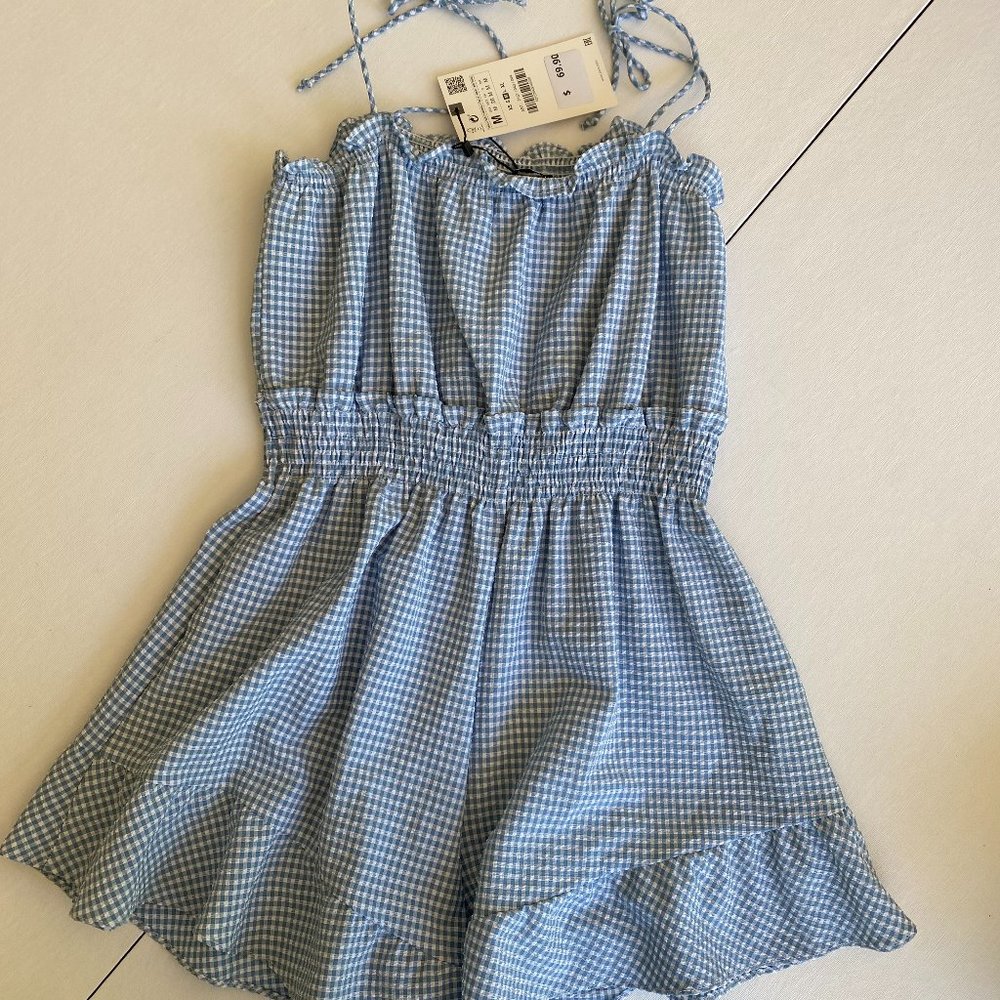 Zara Blue & White Gingham Ruffled Romper Size M NWT